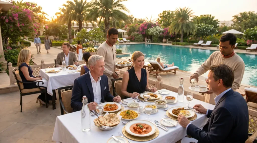 Food Hygiene in India - A Complete Guide for Foreign Tourists 3 AI-generated image showing foreign tourists dining outdoors at a luxury five-star hotel in India, surrounded by landscaped gardens and a swimming pool while enjoying freshly prepared Indian cuisine served by professional staff.