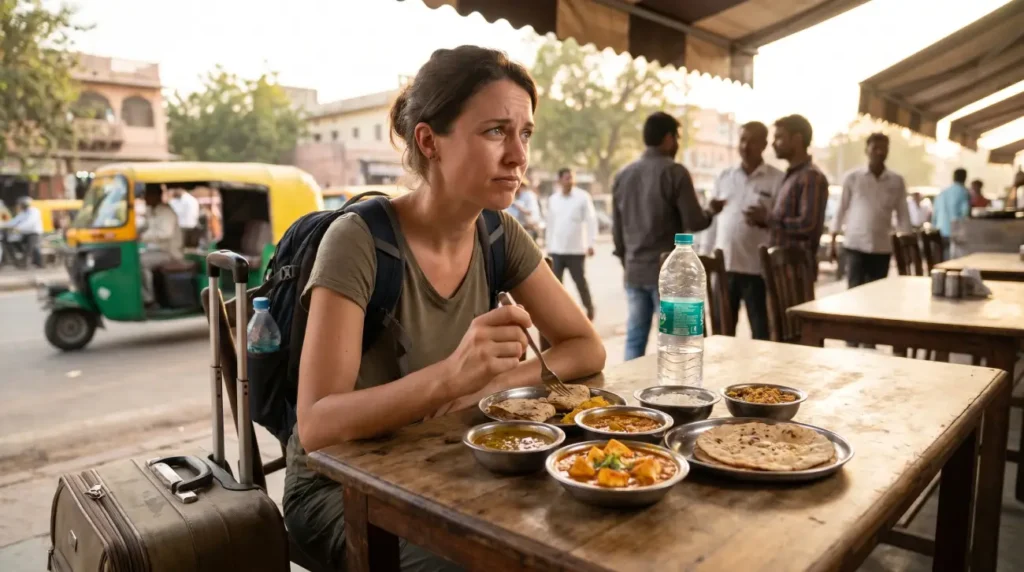 Food Hygiene in India - A Complete Guide for Foreign Tourists 2 AI-generated image of an international traveler at an Indian café surrounded by traditional dishes, drinking water, and travel luggage, symbolizing dietary adjustment, climate changes, hydration, and digestive adaptation while traveling in India.